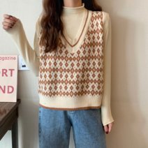 러블로어 여성용 가을 간절기 숏 리틀 다이아체크 깊은 브이넥 니트 조끼