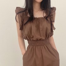 JUSTFEELING 소매 프릴 허리밴딩 점프수트 데일리룩 패션 여성 데이트룩 모임룩 바캉스룩 점프슈트 3컬러