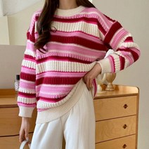 퍼니걸스 5963 루즈핏 컬러 단가라 라운드넥 긴팔 니트 여성의류