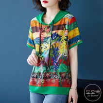 도오빠 셀리온 여성 반팔 티셔츠 후드 꽃무늬 플라워 프린팅 하와이안 여자반팔티 여자후드티