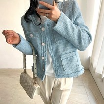네모엔룩 여성용 트위드프린지 수술장식 노카라 메탈사짜임 주얼리버튼 라운드넥 트위드 자켓 NL