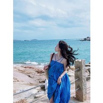 꽃무늬 예쁜롱 바캉스룩 하와이 발리 비치 원피스 휴양지원피스 여름옷 비치웨어원피스 휴양지쇼핑몰 비치미니, M, 푸른 색