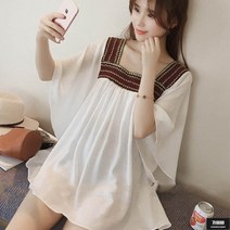 가바바 여성 빅사이즈 블라우스 빈티지 스퀘어넥 쉬폰 프릴 반팔 여름 블라우스 G61980