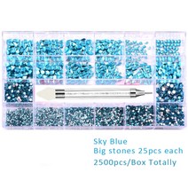 네일 2500pcs 네일 아트 라인 석 키트 박스 21 그리드 혼합 크기 세트 1pc 픽업 펜 유리 크리스탈 장식 3D, 07 sky Blue 2500pcs