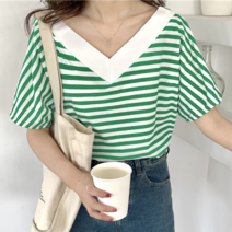 나루니 W03937 스프라이트 브이넥 반팔티 오버핏 여성반팔티 브이넥티셔츠 여름티셔츠 여름반팔티 줄무늬