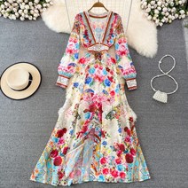 S-2XL 보헤미안 에스닉 맥시 원피스 플라워 패턴 롱원피스