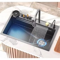 폭포 수전 싱크대 블랙 나노 스틸 가정용 주방 인테리어 채소 과이 씻는, P. 블랙나노75x45+비누디스펜서