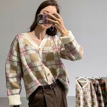 [프롬제니] 3컬러 듀란 루즈핏 사각 체크 니트 가디건 아가일 단추 브이넥 여성 여자 가을 코디 배색 버튼 나그랑 예쁜 러블리 로맨틱