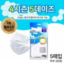 4시즌5데이즈 일회용마스크 5매 백색 성인용 MB필터 3중구조 멜트블로운필터 여름마스크, 1개, 5개입