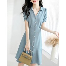 패션고리 여성 카라 브이넥 셔링 반팔 단추 원피스 Q552