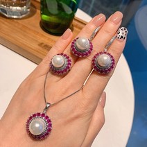 여성반지 매력 12mm 화이트 컬러 진주 루비 보석 펜던트 목걸이 반지 귀걸이 여성을위한 웨딩 쥬얼리 세트 숙녀 선물 성명