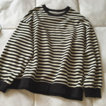 데이홀릭 여성 봄 가을 간절기 캐주얼 라운드넥 투명패치 스트라이프 오버핏 맨투맨