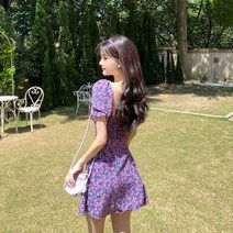 포린박스 슬림 A라인 꽃 무늬 퍼플 여름 미니 원피스 SH