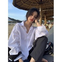 화이트 레터링 코튼 면 보세 바스락 셔츠 롱 블라우스 캐주얼 루즈핏 오버핏 남방 SY