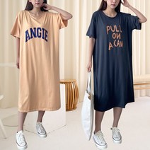 마쿠쿠 박시핏 프린팅 나염 면 여성 루즈핏 반팔 롱 티셔츠 원피스 빅사이즈