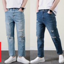 프랭키뉴욕 남자 찢어진 청바지 9부 빅사이즈 디스트로이드진 찢청 중청 연청 테이퍼드핏 데님팬츠_JU3023