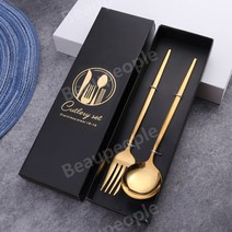 스테인레스 포르투갈 실버 골드 나이프 포크 스푼 젓가락 식기 수저 선물 상자 세트 식기, 티타늄 스푼과 포크 + 블랙박스