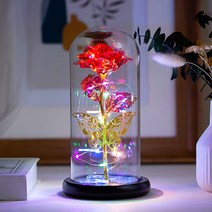 신비즈 LED 나비 앉은 반짝이는 장미 유리돔, 레드