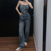 케익 튜브 탑 데님 청 와이드 점프슈트 S542