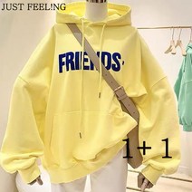 JUST FEEL!NG [1+1] 여자 롱티셔츠 춘추 얇은 맨투맨 루즈핏 빅사이즈 레터링 여성후드티 여성긴팔티셔츠 후드티 긴팔티