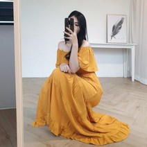 브이와이 VY 여자 노랑 티어드 프릴 볼드숄더 방콕 롱원피스