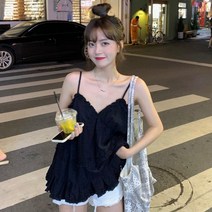 YXX 여름 여성 프릴 뷔스티에 무지 A라인 캐미솔 민소매 상의 빅사이즈 L~4XL