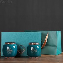 덕화백자 산수밀폐 찻잎통 밀폐 녹차 도자기 찻잎통 보이통 보관 찻잔통, 드림더블캔 선물세트-잉크그린
