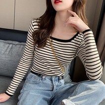 여성 스트라이프 6컬러 긴팔 티셔츠 U넥 라인 슬림 스판 캐주얼