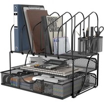 책상 정리함 및 액세서리 보관함 서랍장 및 이중 트레이가 있는 책상 정리함 및 5개 파일 폴더 홀더 및 펜 홀더 메쉬 책상 액세서리 및 사무용품용 작업공간 정리함(블랙), Black