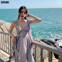 DFMEI 언밸런스 프릴 브이넥 선녀 원피스 얇은 분위기 부드러운 분위기 조임 쉬폰 스커트녀
