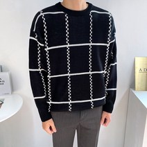 애드매이브 남자 외줄 체크 오버핏 라운드 니트 4컬러