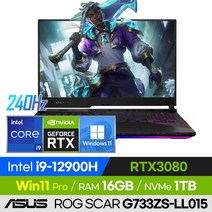 [사은품 증정!] ASUS ROG SCAR G733ZS-LL015 롤 배그 오버워치 17인치 고사양 게이밍 노트북 (코어i9-12900H/RTX3080), 윈도우 포함, 16GB, 1TB, 코어i9, 오프 블랙