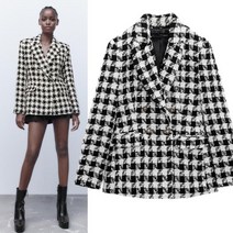 ZARA 여성 하운드투스 헤링본 체크 트위드 정장 더블 자켓 블레이저