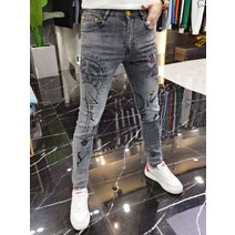 빅사이즈 레트로 캐주얼 워싱 트랜디 프린팅 데님팬츠 유행 테이퍼드핏 가을 해골