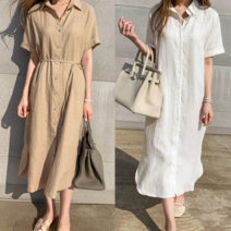 여름 구김적은 린넨 캐주얼 루즈핏 박스형 셔츠형 남방형 롱 반팔 원피스