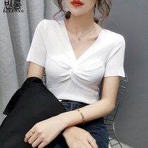 Zhanmumeng신제품 여름 짧은 -졸림 교차로 여성의 한국 짧은 -졸림 T- 셔츠 veriosaurus 가을 얇은 얼음 얼음베이스 탑 블루 S