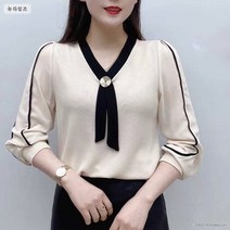 여성 봄 니트티 중년의 서양식 빅 사이즈 셔츠 봄여름 브이넥 롱 슬리브 아이스 뉴타임즈 C10 U797P315