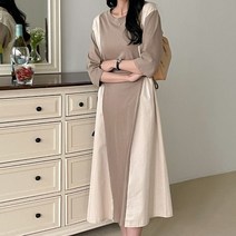 퍼니걸스 6089 데일리 라운드 배색 양리본 롱 원피스 여성의류