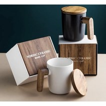 식객매점 우드 손잡이홈카페 머그컵 크리에이티브 홈커플 물컵 심플 도자기 우드컵 빈티지 커피잔, 1개, 블랙