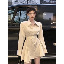 빅사이즈 정장원피스 여성 오피스룩 미시 하객룩 신제품 우아한 기질 허리 긴 소매 셔츠 스커트 파티 드레