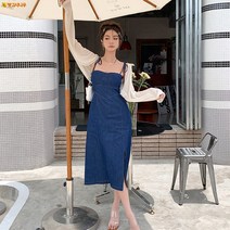 Mangoxiniu 서머 레이디청 원피스 블루 A라인 스커트 캐주얼 빈티지 랩 롱 스커트