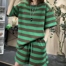 SJW 여름 여성 트레이닝세트 스트라이프 루즈핏 빅사이즈 반팔 티셔츠 스트링밴딩 반바지 숏팬츠 투피스