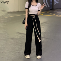 vsyoy Drawstring Harlan 팬츠 짧은 티셔츠 투피스 여름 느슨한 처짐 조커 하이 웨이스트 슬림 팬츠 정장 여성