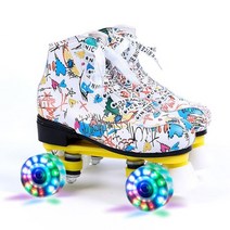 낙서 극세사 롤러 스케이트 더블 라인 스케이트 여성 남성 성인 2 라인 스케이트 신발 흰색 pu 4 바퀴 훈련, 35, 플래시 휠-화이트