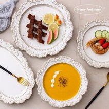 프랑스감성 빈티지 레이스 브런치 접시 시리즈 스테이크 플레이팅 접시 수입 그릇, 기획 4종 세트 구성, 플레이트 4종 세트 구성