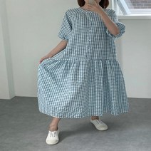 기타 바보사랑[옷자락]여자 셔링 반팔 임부복 깅엄 체크 빅사이즈 롱원피스[무료배송]