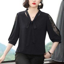 캐주얼 루즈핏 오버6xl 여성 상의 슬리브 블라우스 풀오버 보우 칼라 쉬폰 셔츠