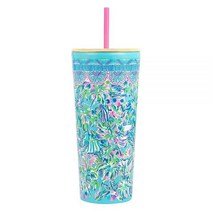 Lilly Pulitzer 뚜껑과 빨대가 있는 단열 텀블러 709.8ml(24온스) 여행용 컵 네이비 블루 이중벽 텀블러 Seen and Herd, Cabana Cocktail