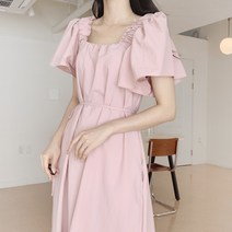 바스락 허리끈 어깨퍼프 셔링 빅사이즈 롱 원피스 3color