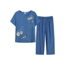 여자 셋업 면접복장 투피스 세미정장 세트 여름 Homewear 짧은 소매 꽃 인쇄 t셔츠 바지 느슨한 두 조각 복장 엄마 중